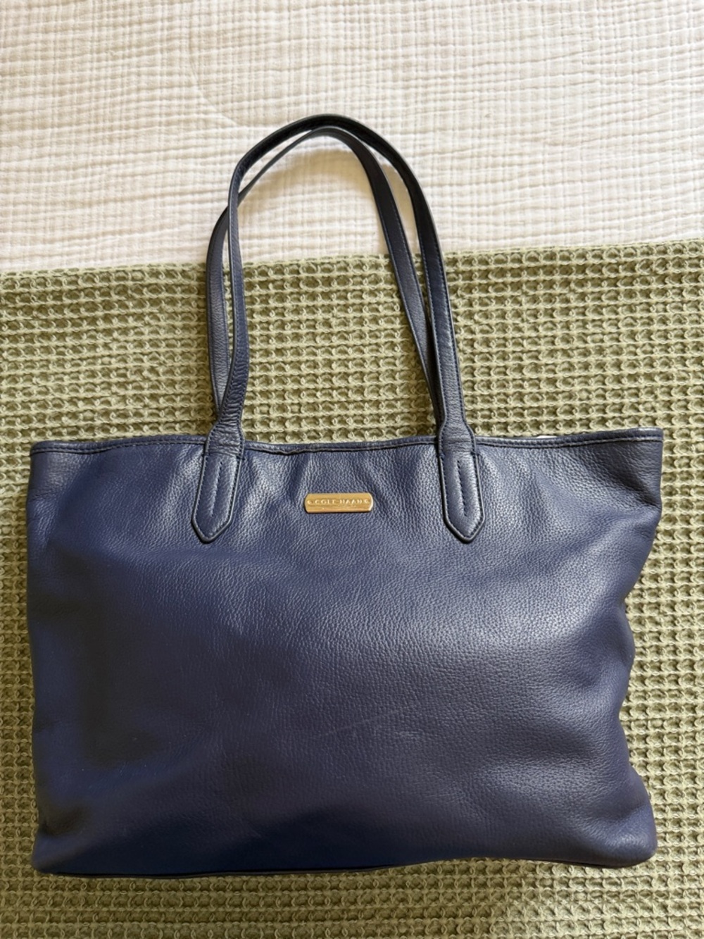 Cole Haan Navy Leather Tote with Gold Logo Plaque